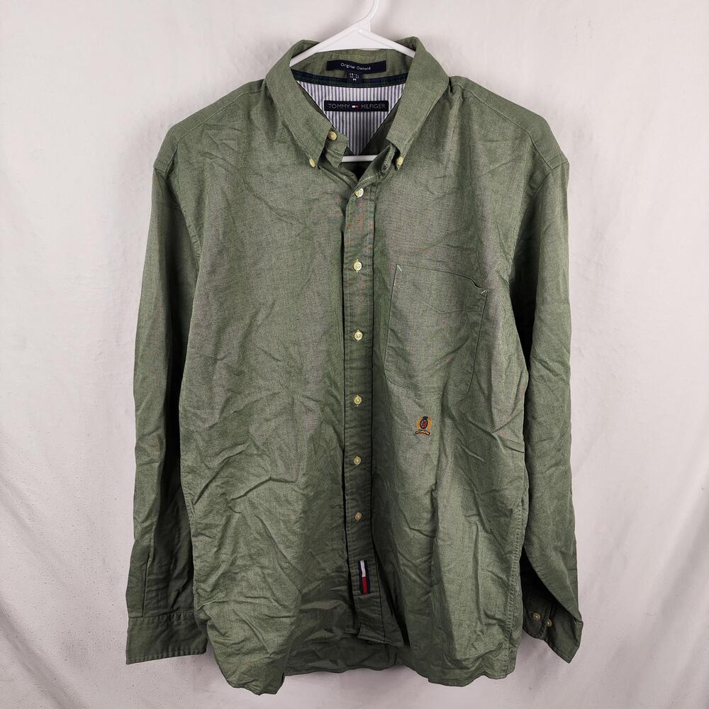 Tommy Hilfiger Shirt Mens Medium Green Original Oxford Button Down Pocket Logo